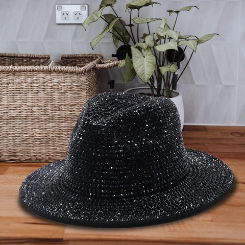 Bling Rhinestone Fedora Hat Black