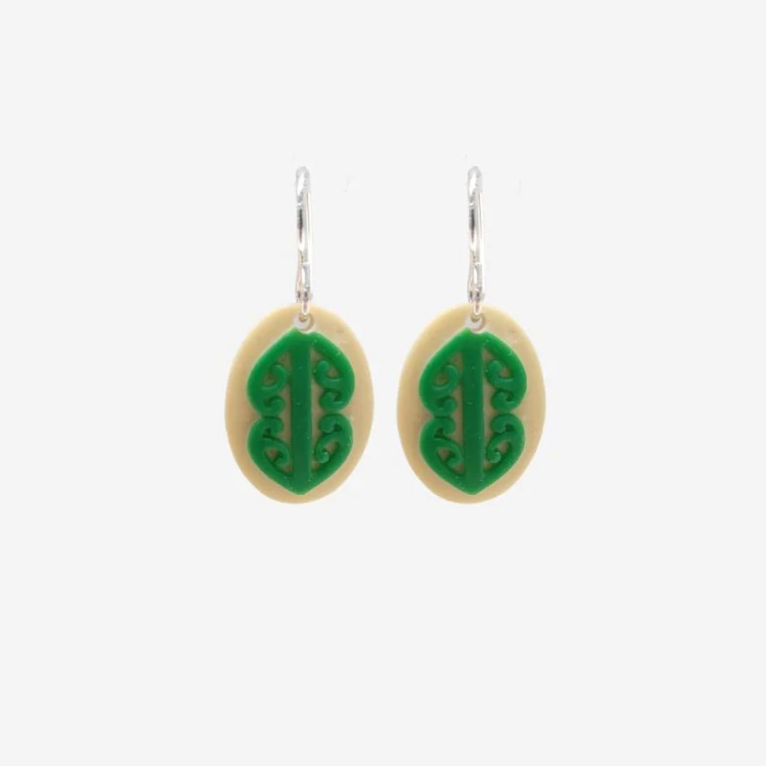 Earrings Mangopare Small Oval - Cream & Green