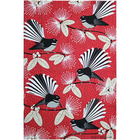 NZ Tea Towel - Flirting Fantails Red