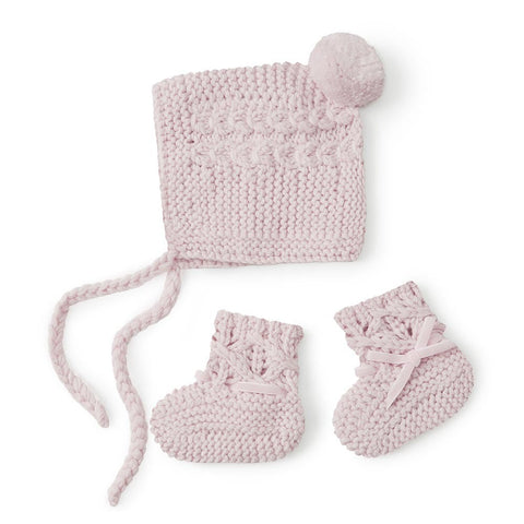 Baby Bonnet + Booties Set - Pink Merino Wool