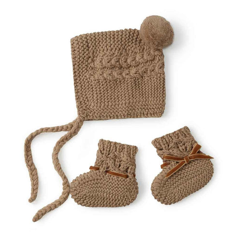 Baby Bonnet + Booties Set - Fawn Merino Wool