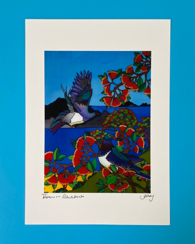 Art Print by Jo May- Keruru in Pohutukawa