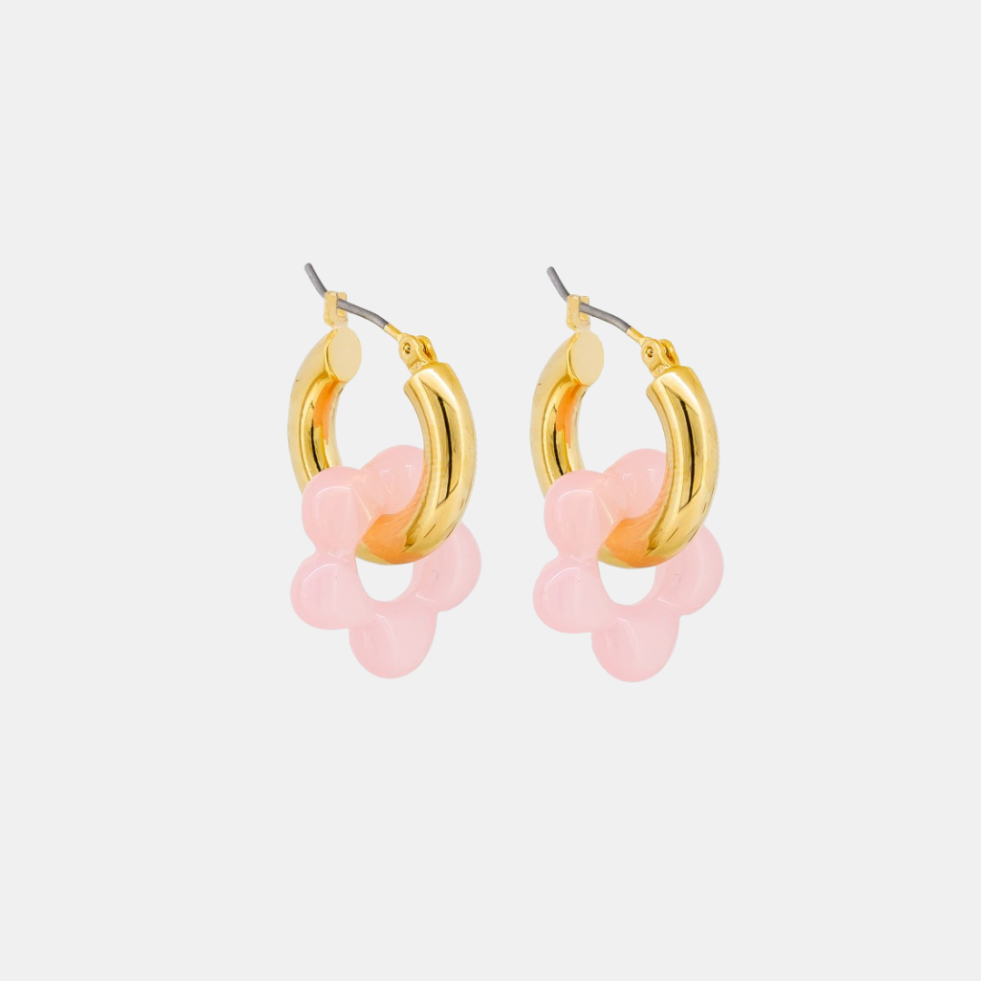 Earring Gold Spinning Flower Hoops - Pink