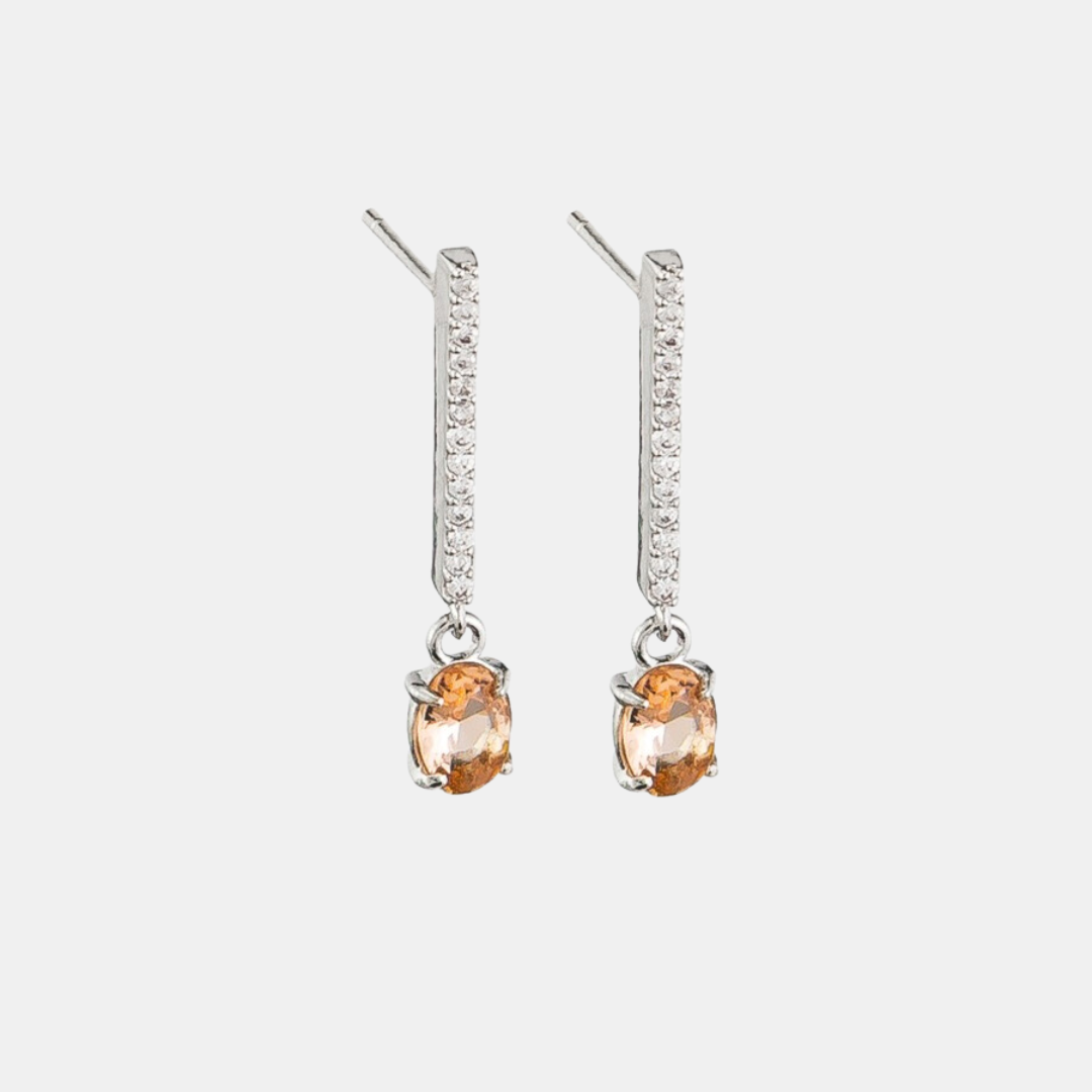 Earring Crystal Bar Peach Drop - Silver