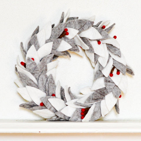 Christmas Felt Wreath | Frosted Grey and White Leaves