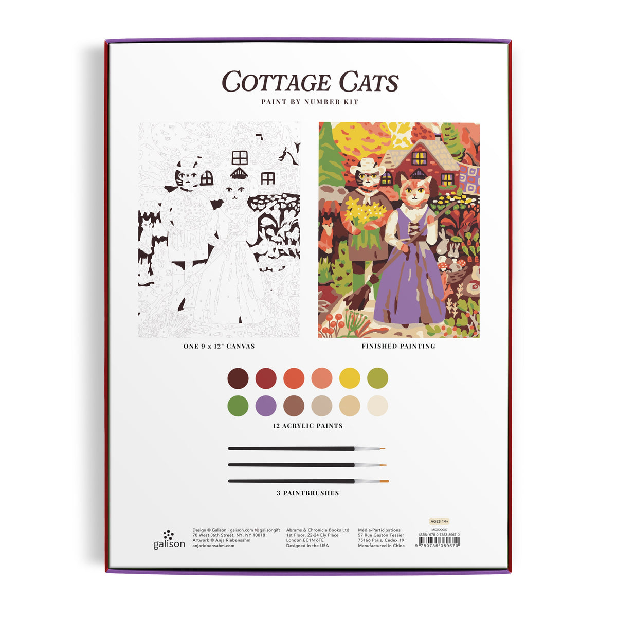 Galison Cottage Cats 9 x 12 Paint by Number Kit Multi-Coloured